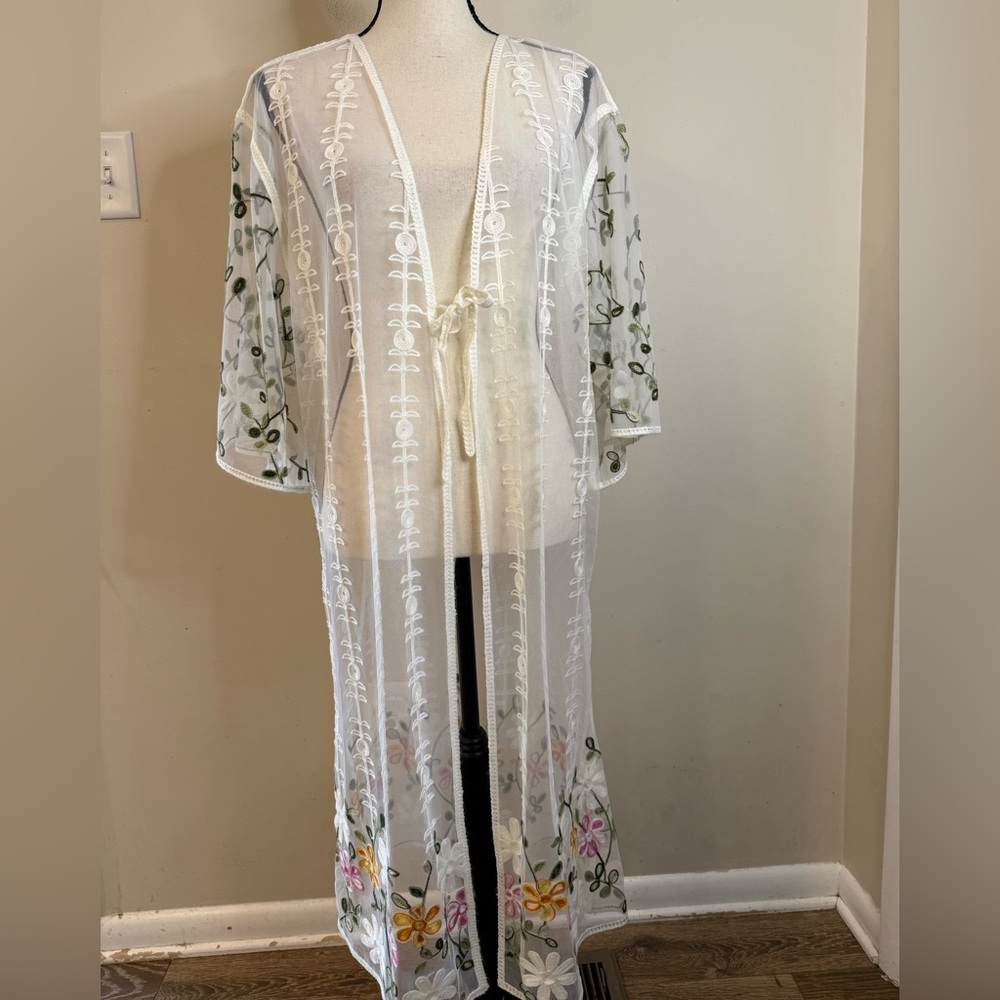 Sheer White Embroidered Floral Swim Coverup